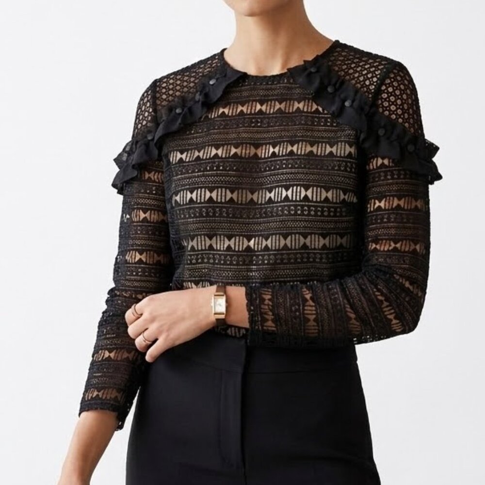 Self-Portrait Black Geometric Lace Ruffle Blouse - Size US 4